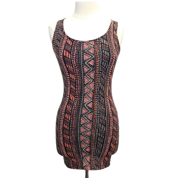 Forever 21 Tribal Burnt Orange Black Brown Bodycon Summer Mini Dress S - Picture 1 of 7